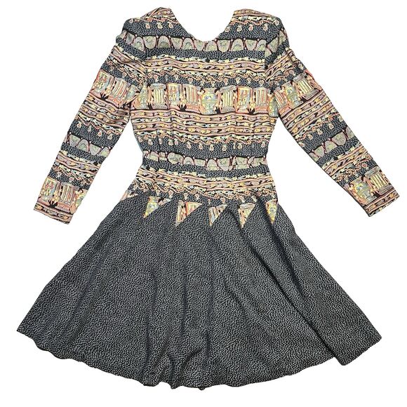 Vtg 90s Taurus Colorful‎ geometric Pleated Fit & Flare Dress Sz 6 - Picture 1 of 9
